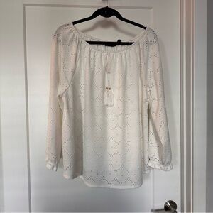 Rafaella White Drawstring Neck Eyelet Top